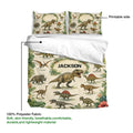 Dinosaur duvet cover set detail showing printed side, fabric composition, and realistic prehistoric artwork