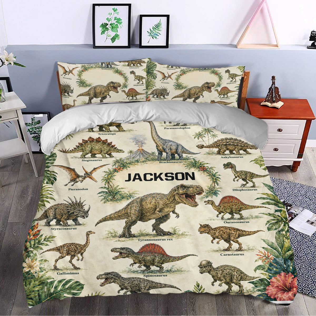Dinosaur duvet cover set in a bedroom featuring tropical foliage, labeled dinosaur artwork, and neutral tones