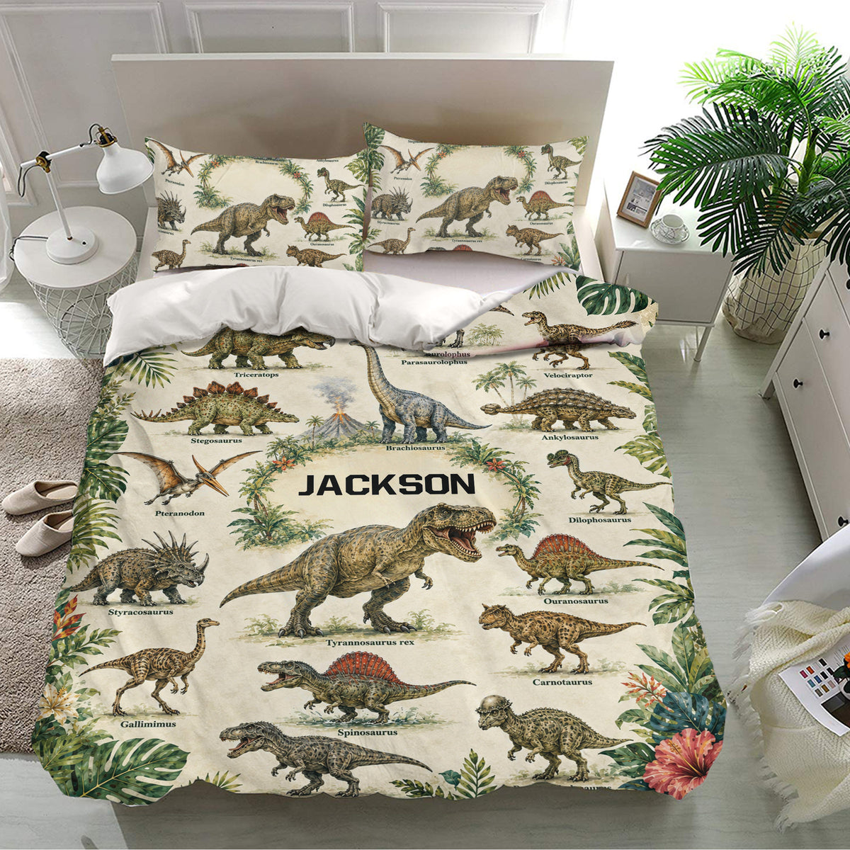 Dinosaur bedding set styled in a bright bedroom with jungle leaves, prehistoric creatures, and tropical accents