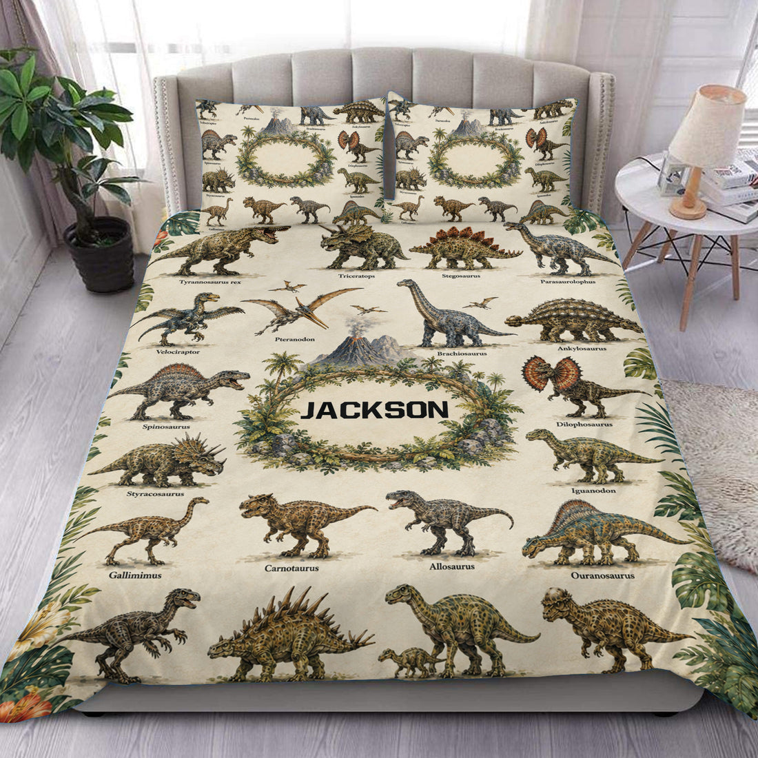 Dinosaur duvet cover set displayed on a bed with detailed prehistoric creatures, jungle foliage, and a vintage natural palette
