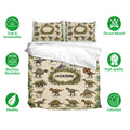 Dinosaur duvet cover bedding set shown with matching pillowcases and soft breathable fabric feature icons