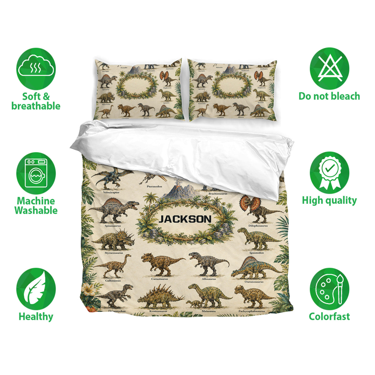 Dinosaur duvet cover bedding set shown with matching pillowcases and soft breathable fabric feature icons