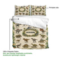 Dinosaur duvet cover set close-up showing printed prehistoric artwork, leafy borders, and lightweight polyester fabric