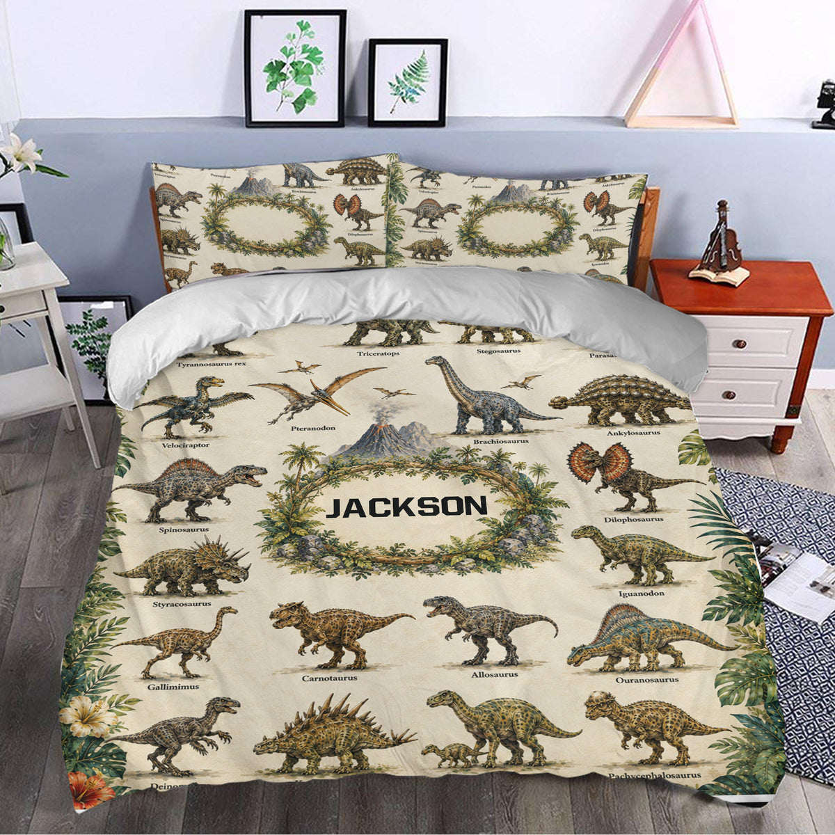 Dinosaur duvet cover bedding set styled in a bedroom with realistic dinosaur illustrations and botanical jungle accents