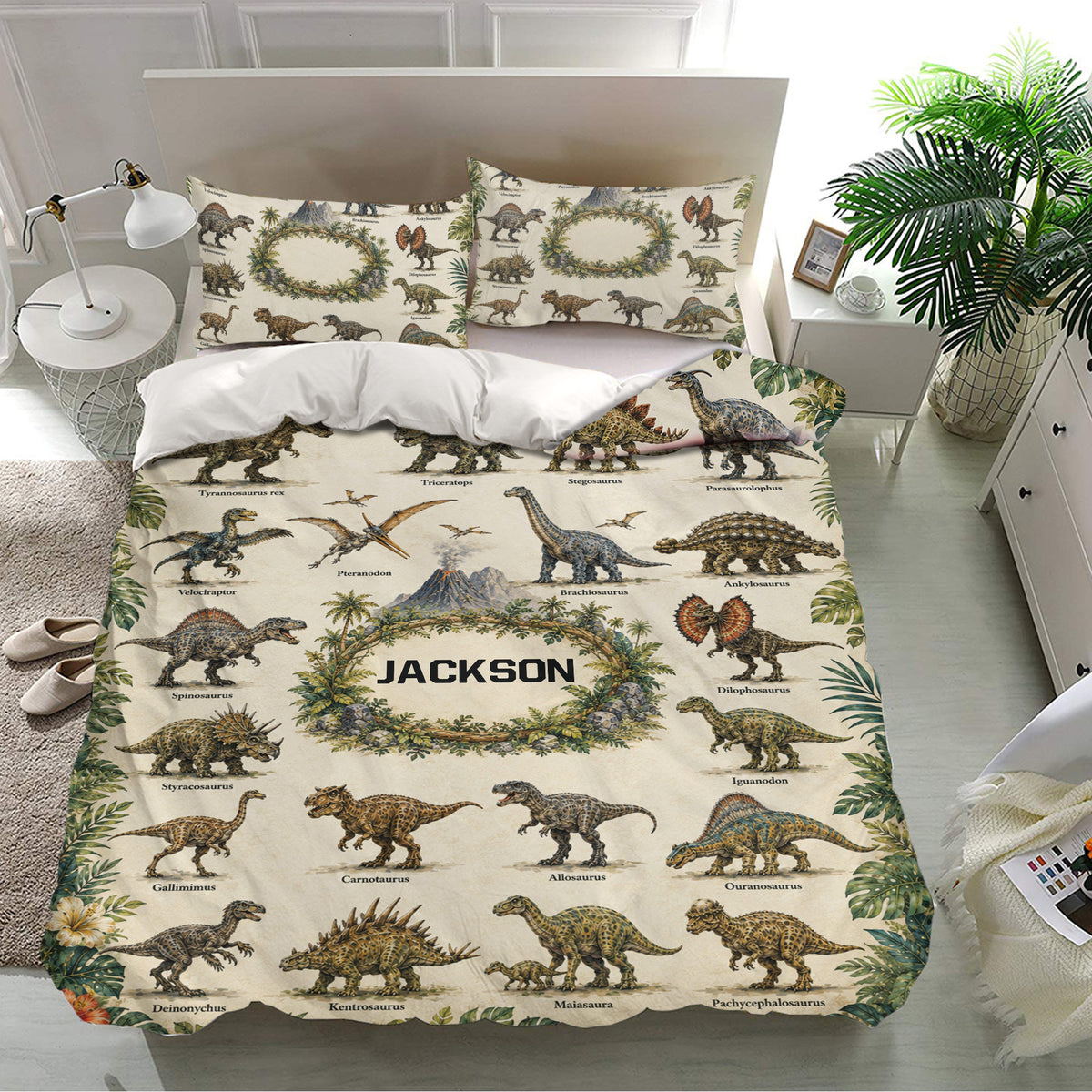 Dinosaur bedding set presented in a bright bedroom with matching pillowcases, leafy borders, and detailed prehistoric artwork
