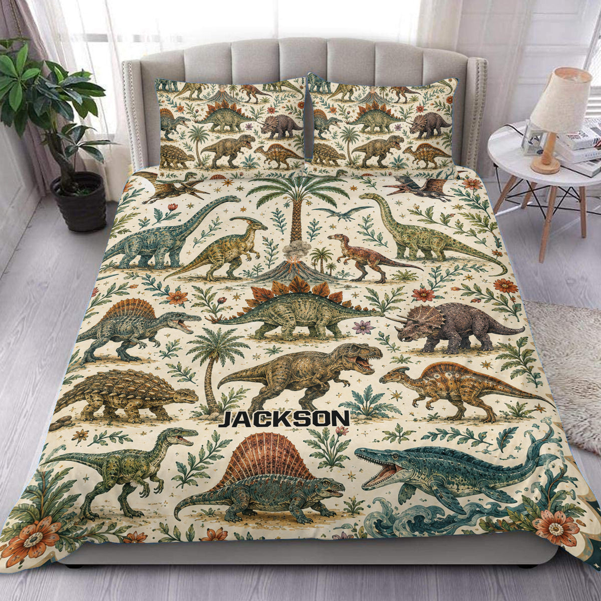 Dinosaur duvet cover set displayed on a bed with vintage dinosaur artwork, tropical plants, and botanical details