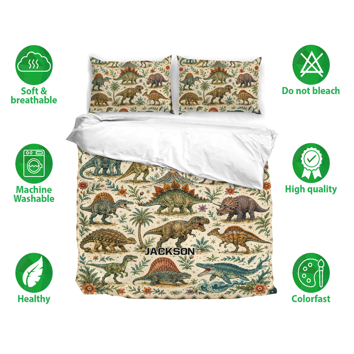 Dinosaur bedding set shown with matching pillowcases and illustrated prehistoric animals in a soft earthy palette