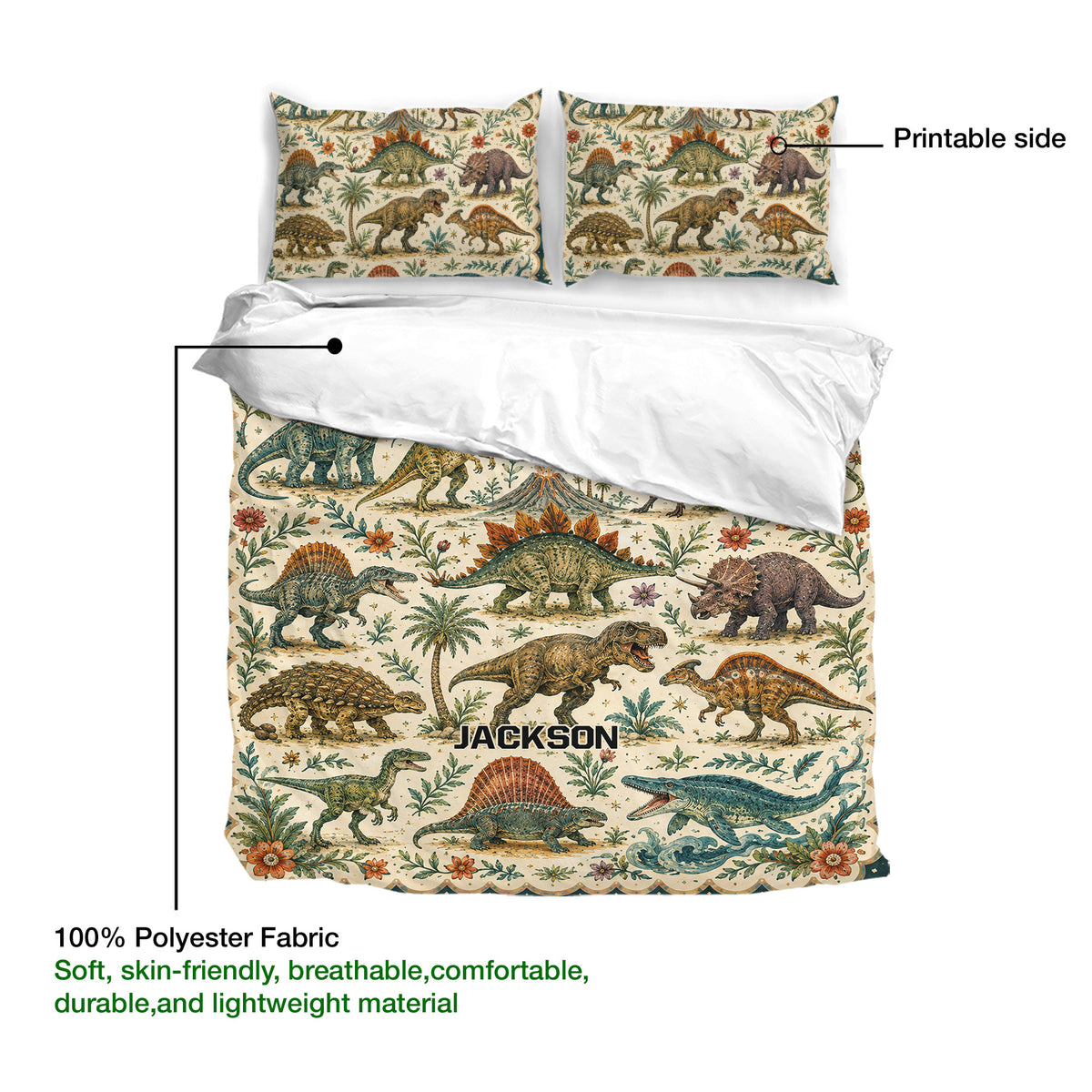 Dinosaur duvet cover bedding set featuring a printable artwork side and detailed prehistoric illustrations
