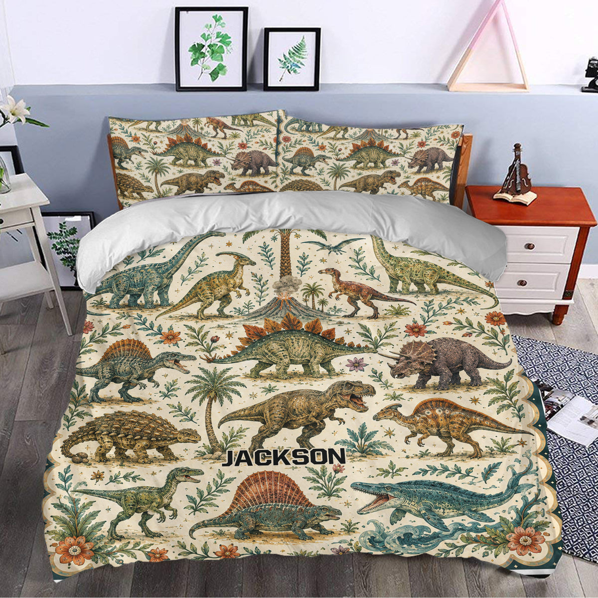Dinosaur duvet cover styled in a bedroom with vintage dinosaur illustrations, flowers, palms, and volcano artwork
