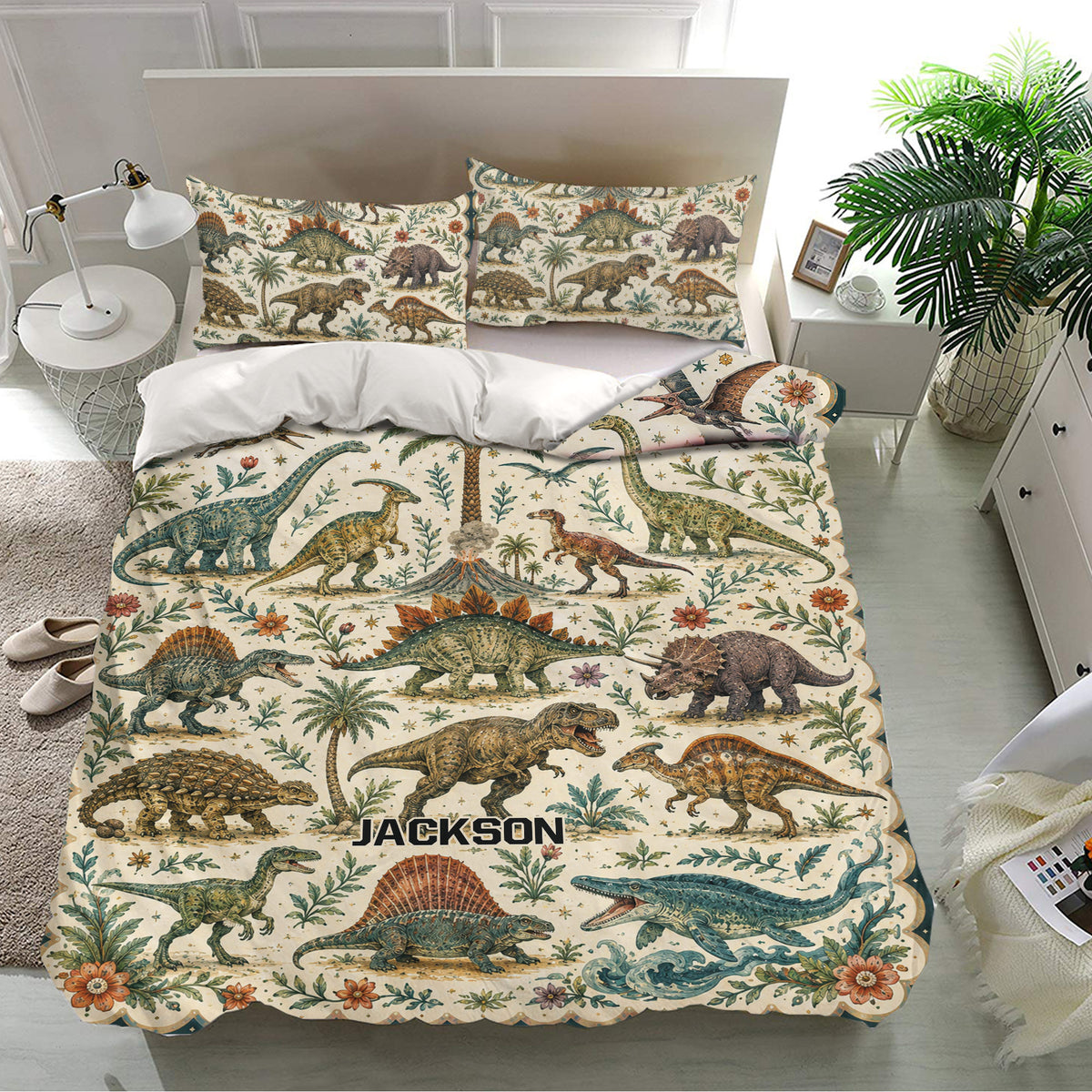 Dinosaur bedding set presented in a bright bedroom with matching pillowcases and detailed botanical artwork