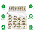 Dinosaur alphabet bedding set shown with matching pillowcases and soft breathable fabric feature icons