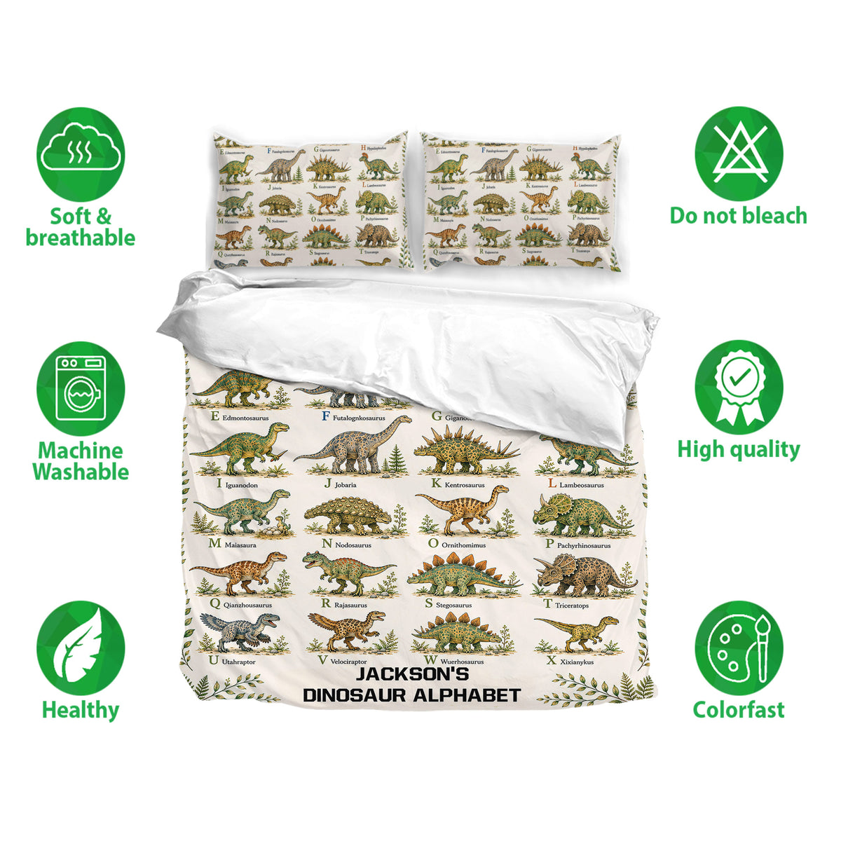 Dinosaur alphabet bedding set shown with matching pillowcases and soft breathable fabric feature icons