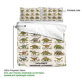 Dinosaur alphabet duvet cover with illustrated animals, printable side callout, and polyester fabric detail