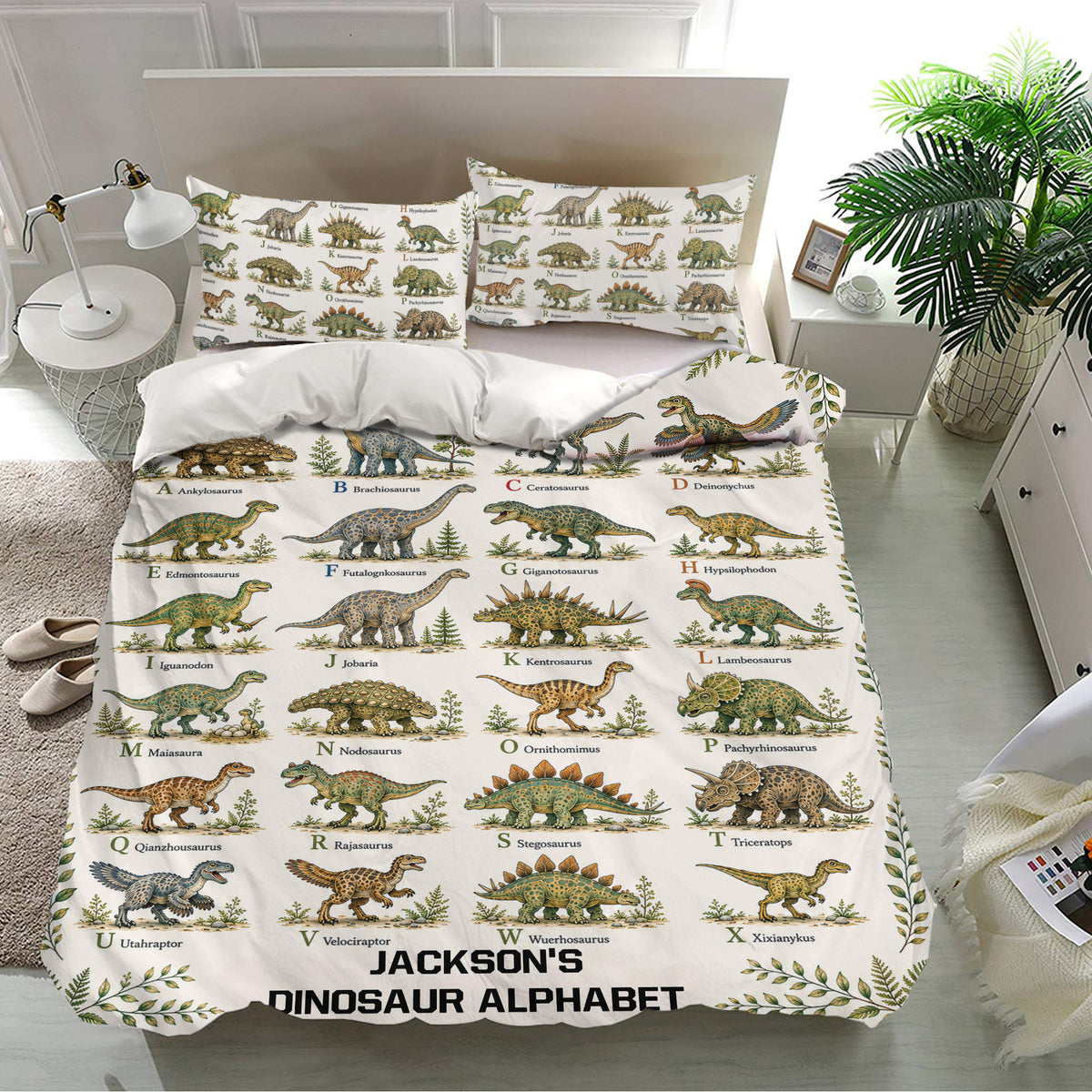 Dinosaur alphabet duvet cover set displayed in a bright bedroom with matching pillowcases and detailed artwork