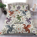 Dragon duvet cover bedding set displayed on a bed with colorful dragons, flowers, stars, and ornate vines