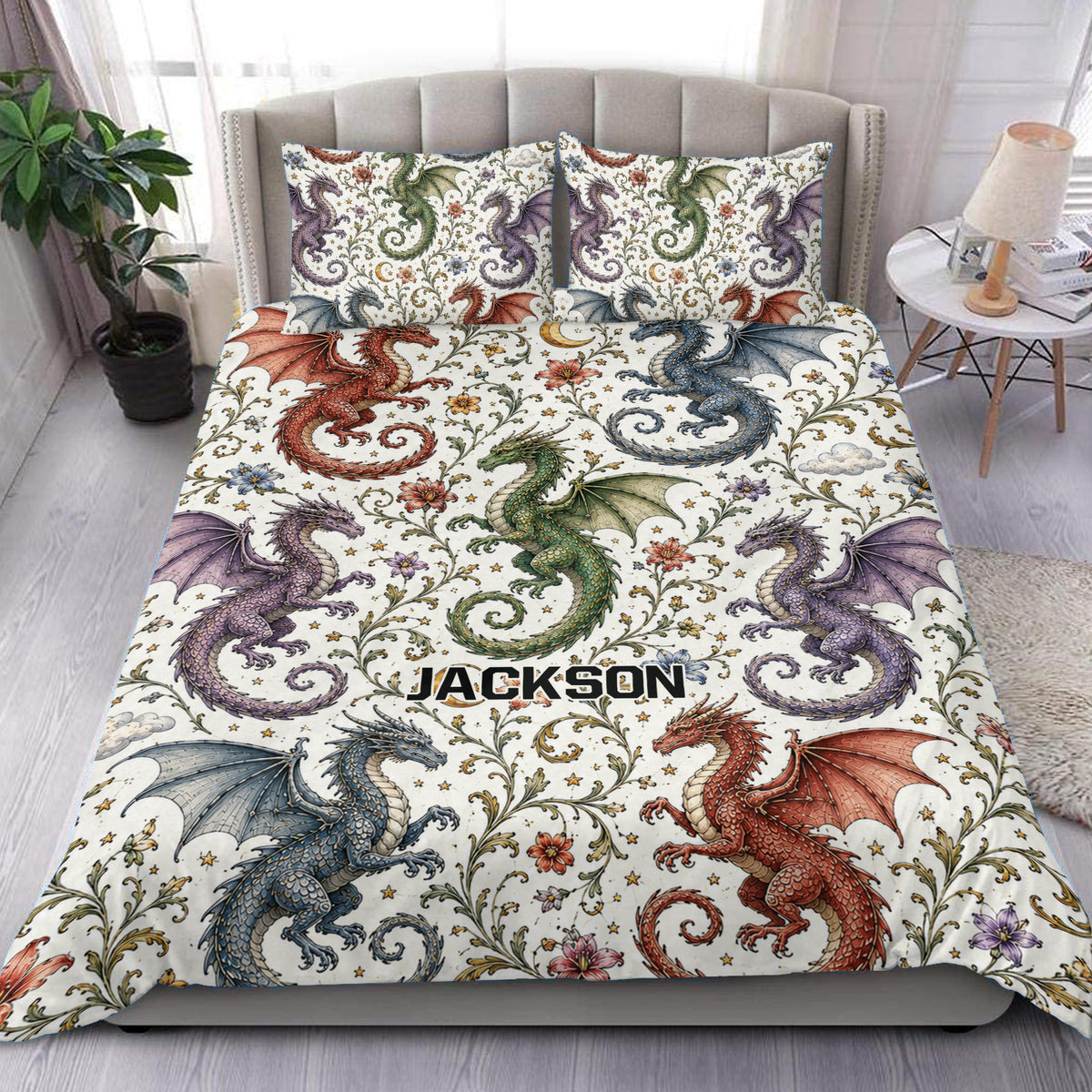 Dragon duvet cover bedding set displayed on a bed with colorful dragons, flowers, stars, and ornate vines