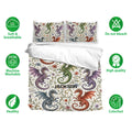 Dragon duvet cover set with matching pillowcases shown in a bedroom scene with colorful fantasy artwork