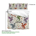 Dragon bedding set detail showing printed artwork, soft fabric callout, and colorful floral dragon pattern