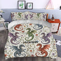 Dragon duvet cover bedding set styled in a bedroom with red, blue, green, and purple dragons