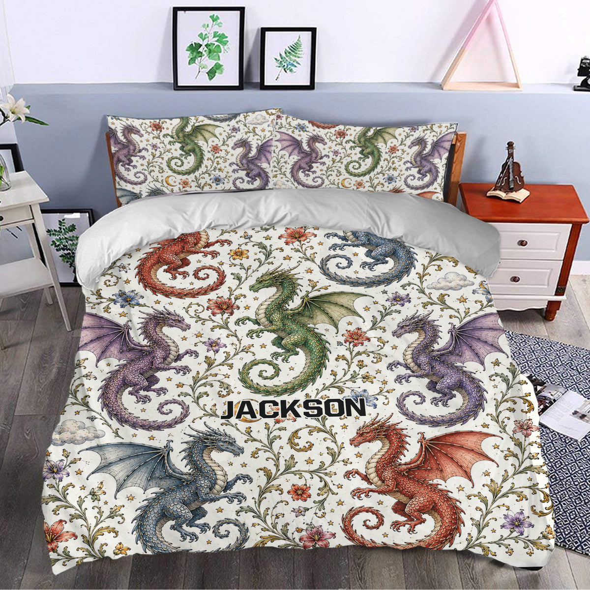 Dragon duvet cover bedding set styled in a bedroom with red, blue, green, and purple dragons