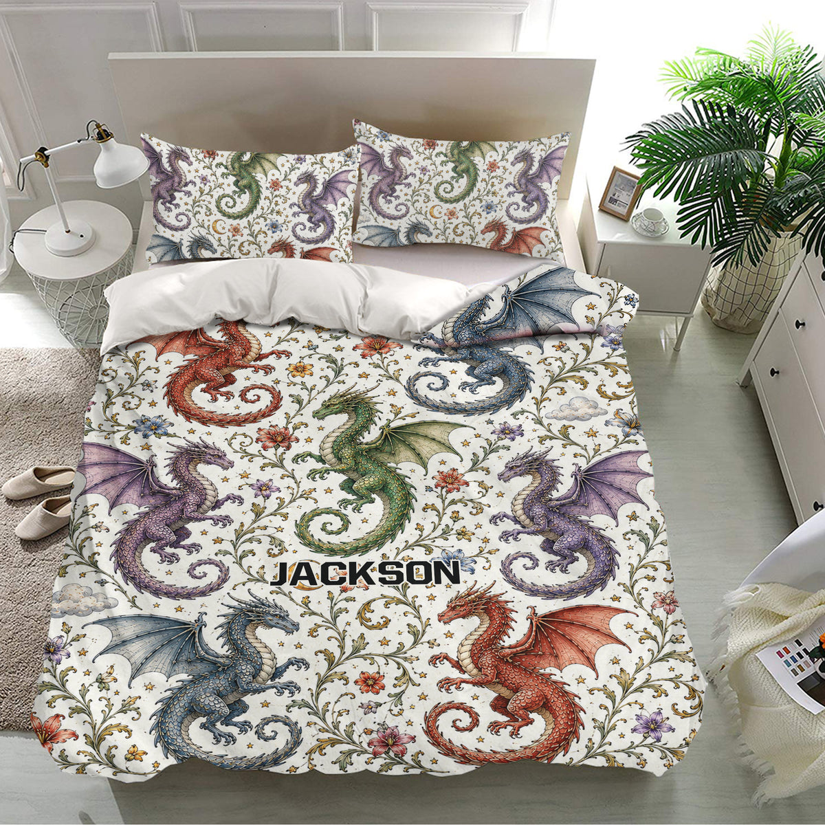 Fantasy dragon duvet cover set displayed on a modern bed with matching pillowcases and botanical details