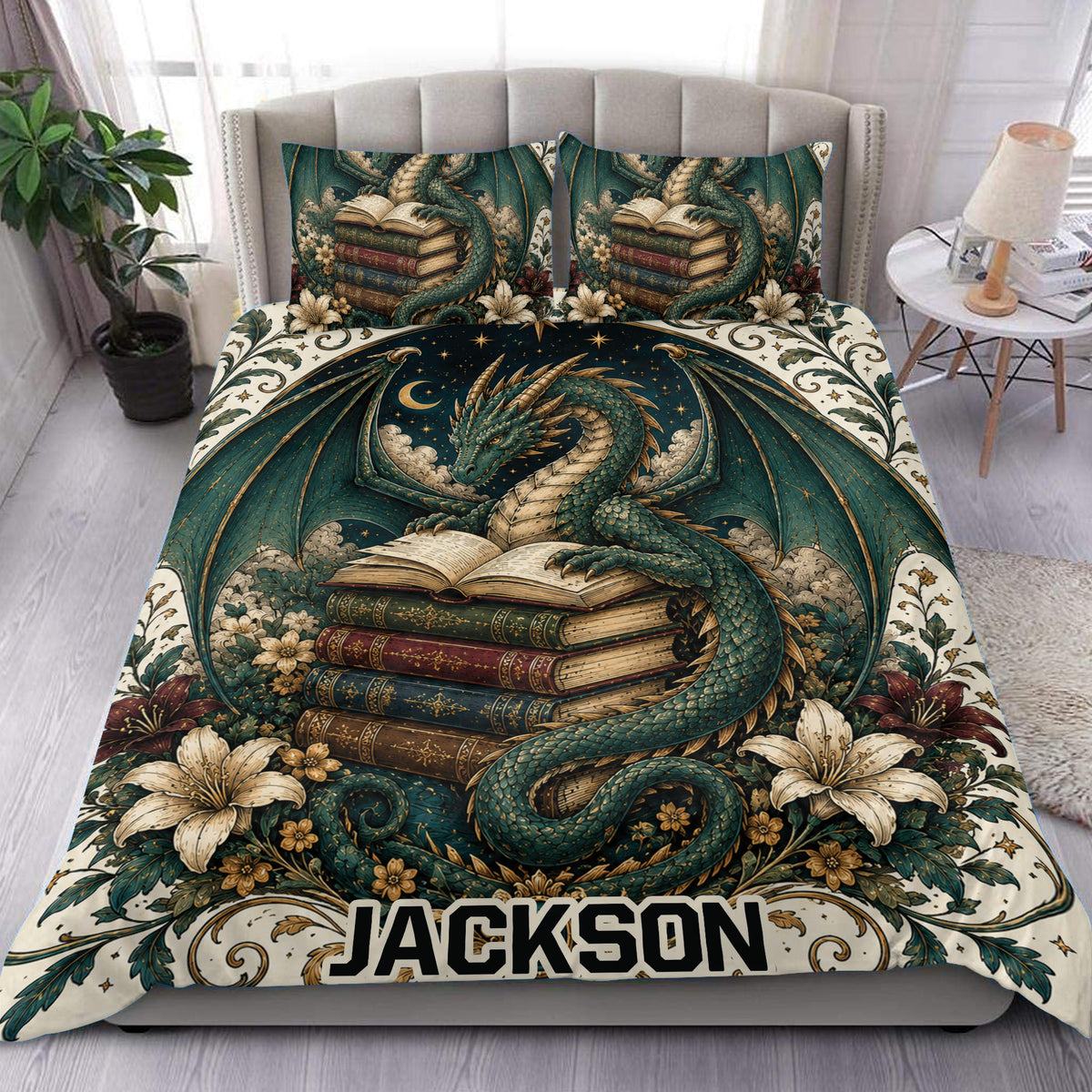 Dragon duvet cover set displayed on a bed with green dragons, vintage books, flowers, and celestial details