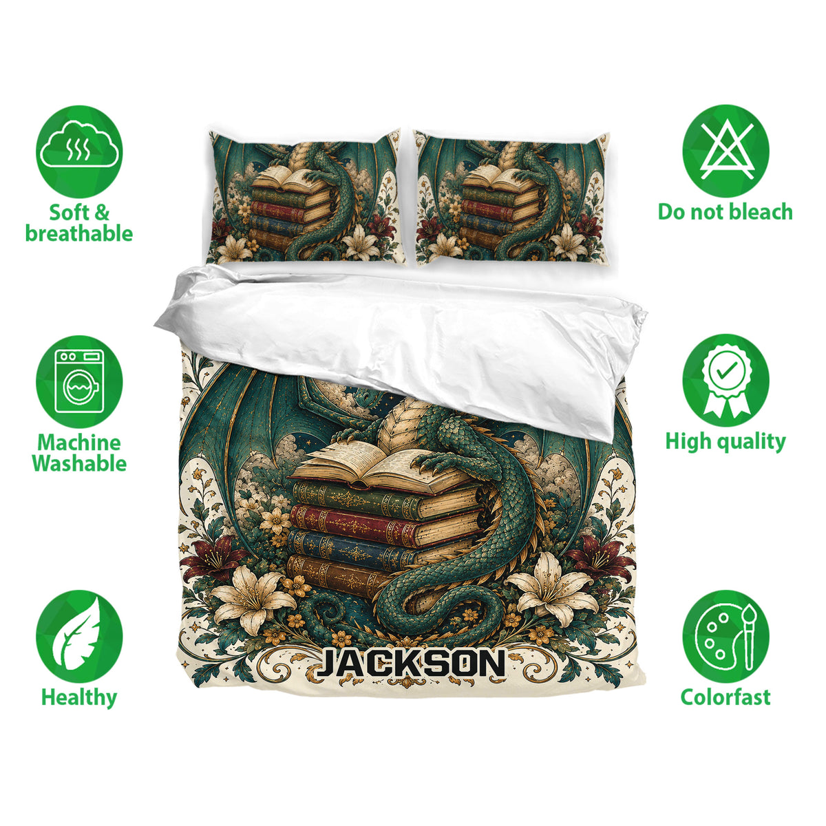 Dragon bedding set shown with matching pillowcases, floral artwork, and care feature icons