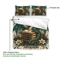 Dragon duvet cover set shown with matching pillowcases and an ornate fantasy book artwork design