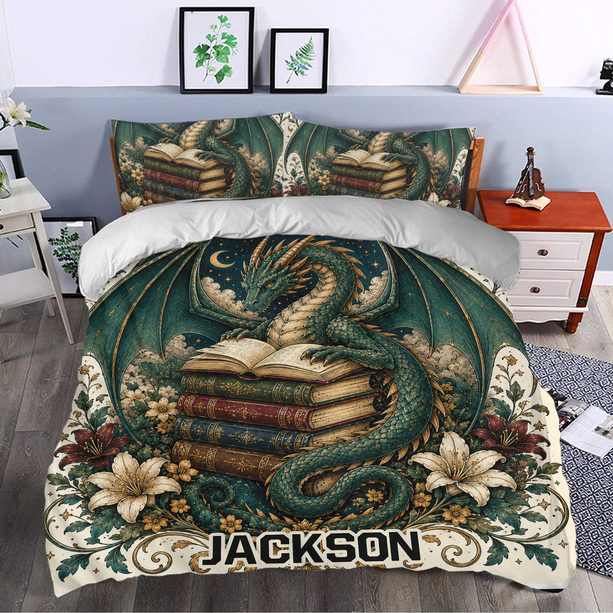 Fantasy dragon duvet cover styled in a bedroom with green wings, books, flowers, and moonlit details