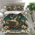 Green dragon duvet cover bedding set presented in a bright bedroom with matching floral pillowcases