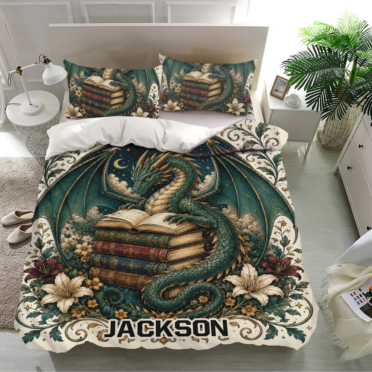 Green dragon duvet cover bedding set presented in a bright bedroom with matching floral pillowcases