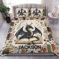 Dragon duvet cover set displayed on a bed with floral books, moon, stars, and vintage fantasy artwork