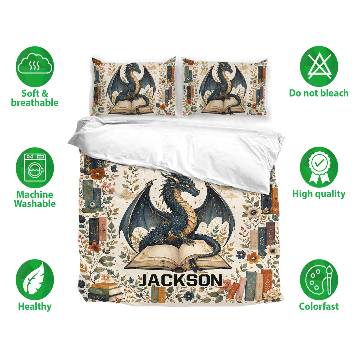 Dragon bedding set with matching pillowcases, floral book pattern, soft colors, and fantasy bedroom styling
