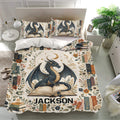 Fantasy dragon bedding set displayed in a bright bedroom with matching pillowcases and vintage book artwork