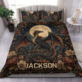 Dragon duvet cover set displayed on a bed with dark floral artwork, moonlight, stars, and custom lettering