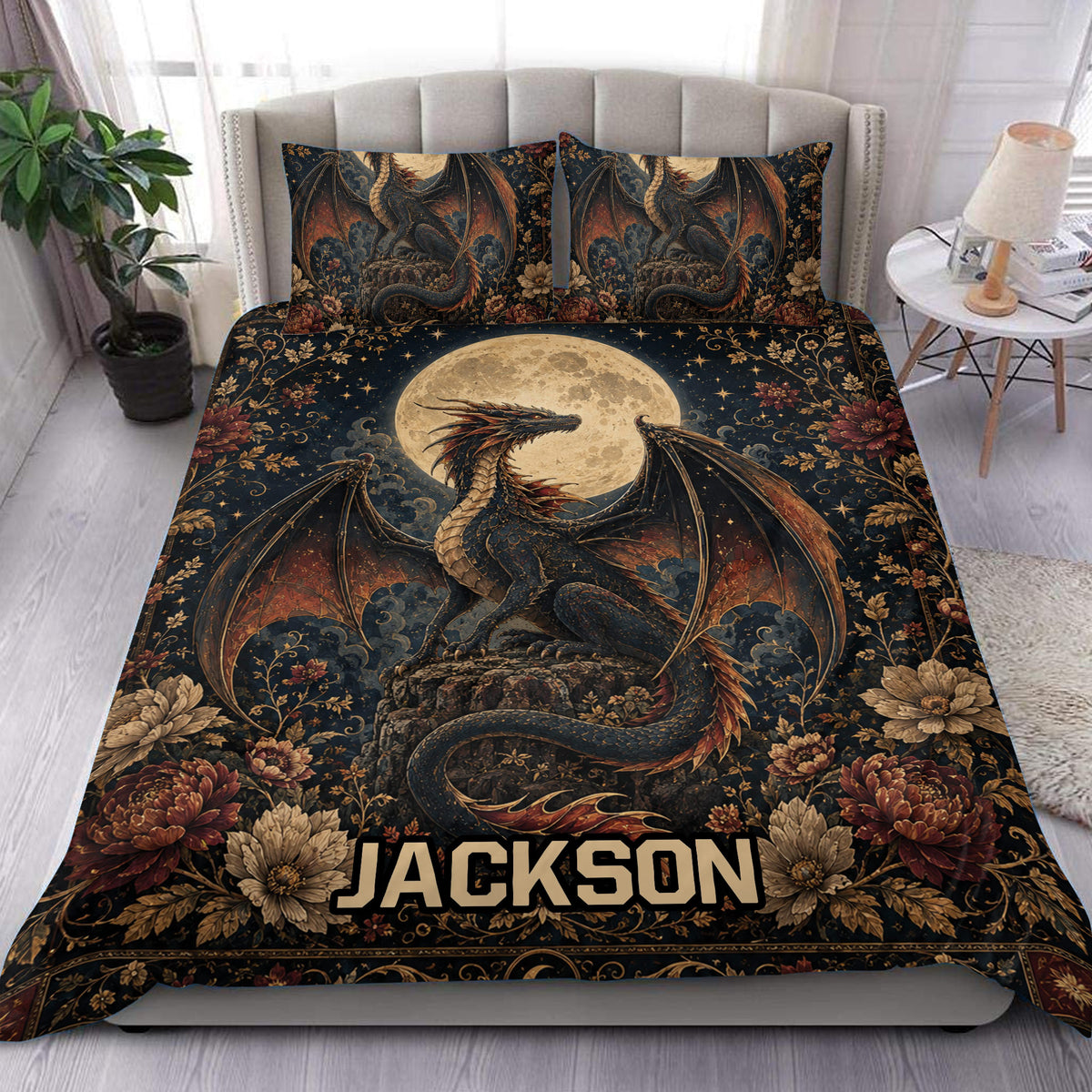 Dragon duvet cover set displayed on a bed with dark floral artwork, moonlight, stars, and custom lettering
