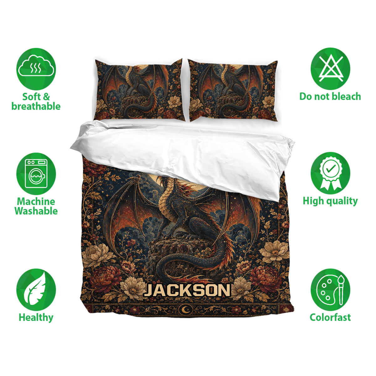 Dragon bedding set shown with matching pillowcases, dark floral artwork, and soft breathable fabric callouts