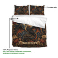 Dragon duvet cover bedding set view showing the printed side, matching pillowcases, and lightweight polyester fabric