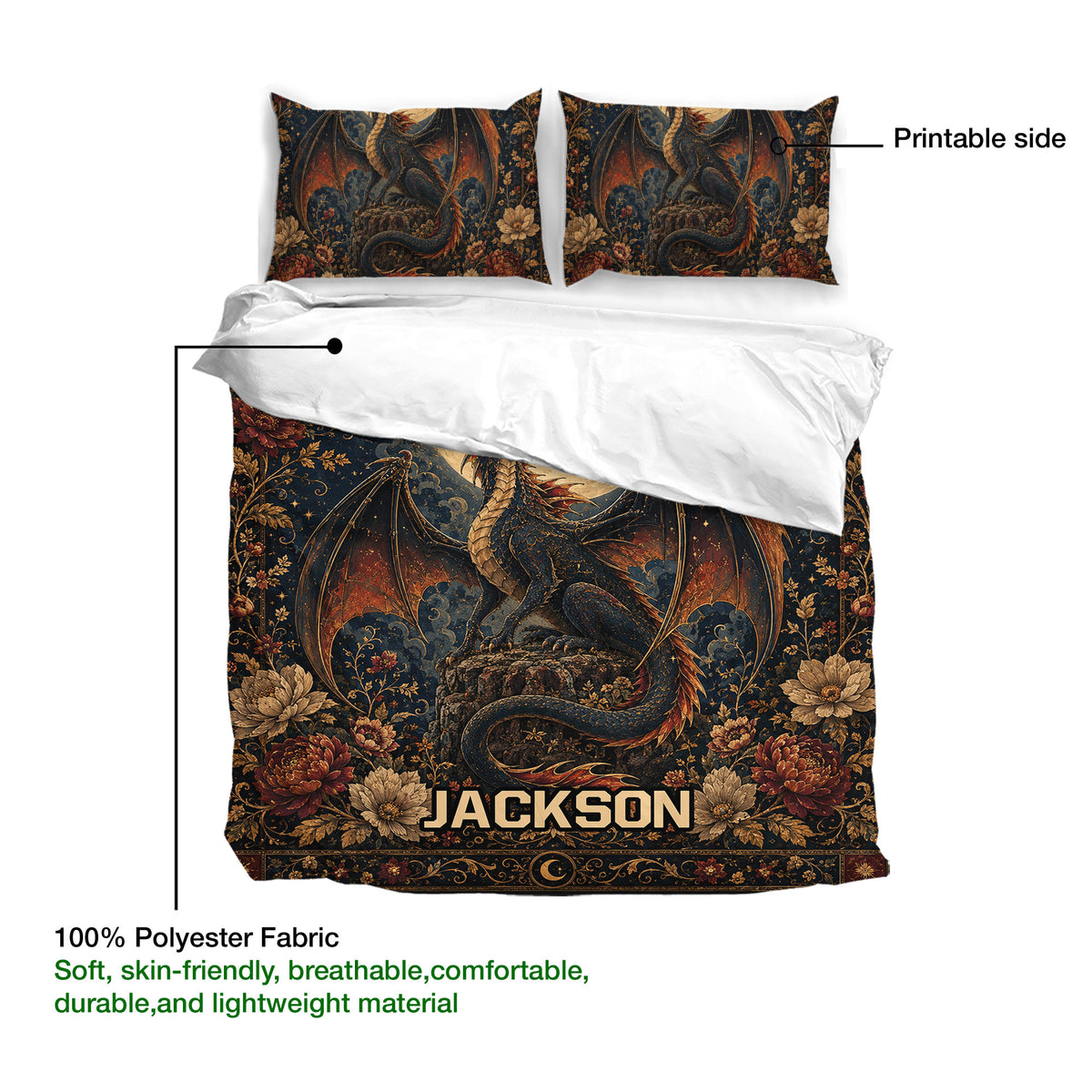 Dragon duvet cover bedding set view showing the printed side, matching pillowcases, and lightweight polyester fabric