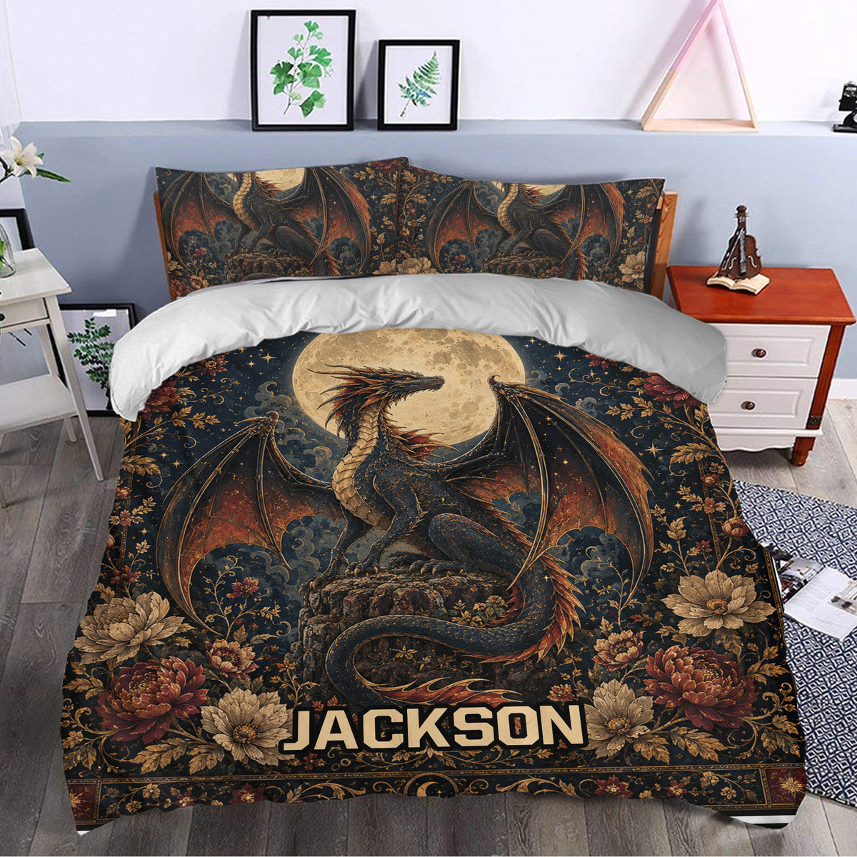 Dragon duvet cover styled in a bedroom with moonlit artwork, ornate flowers, stars, and rich dark colors
