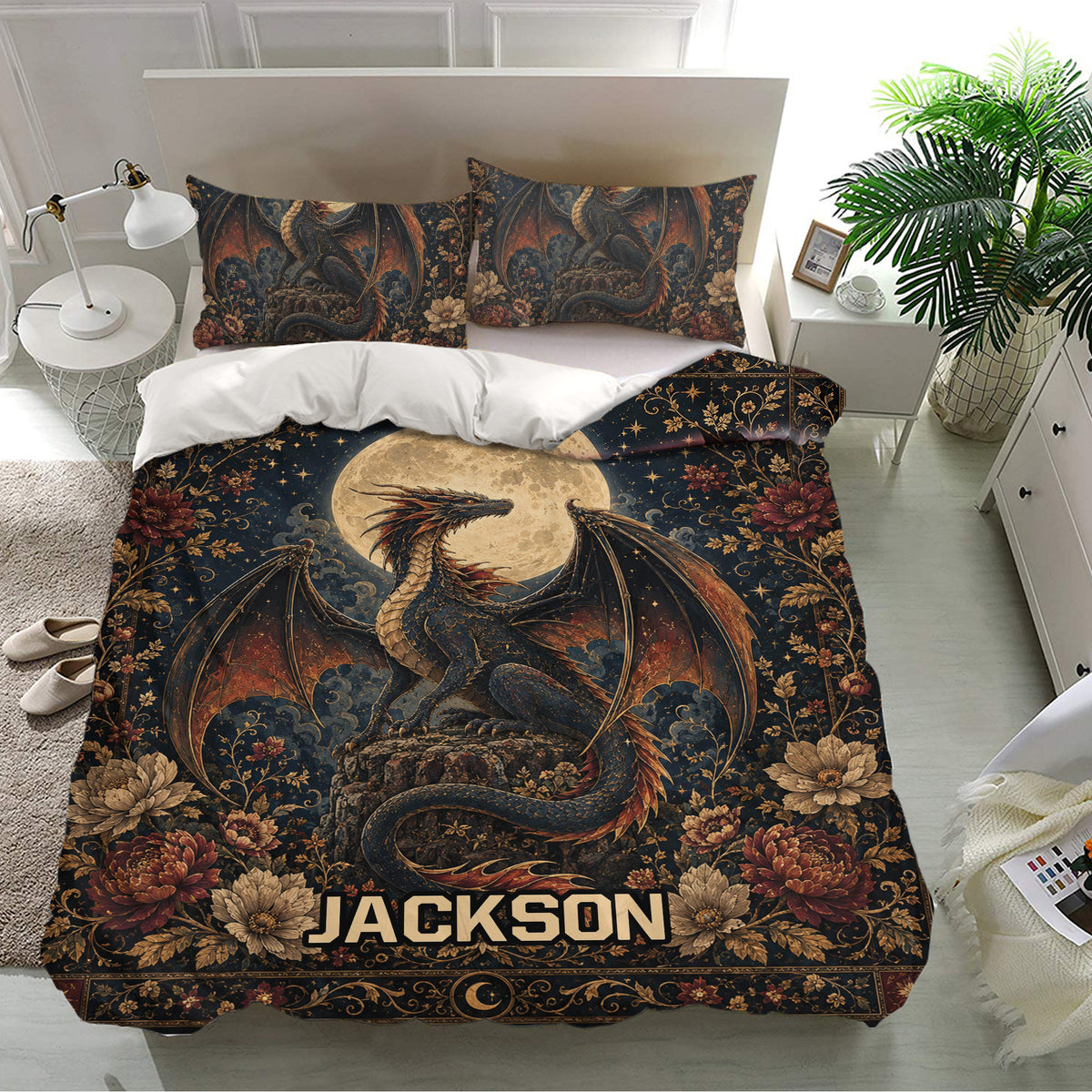 Fantasy dragon duvet cover set shown in a modern bedroom with matching pillowcases and detailed floral artwork