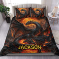 Dragon duvet cover set displayed on a bed with black dragons, glowing lava, and fiery fantasy artwork