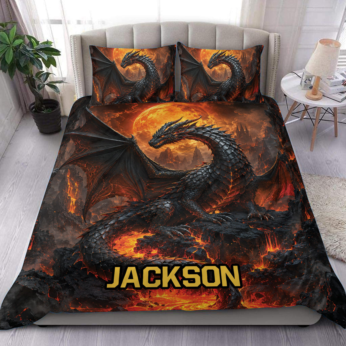 Dragon duvet cover set displayed on a bed with black dragons, glowing lava, and fiery fantasy artwork