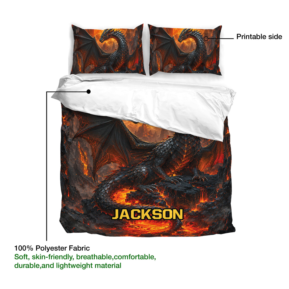 Dragon duvet cover set guide showing the printable side and soft 100% polyester fabric