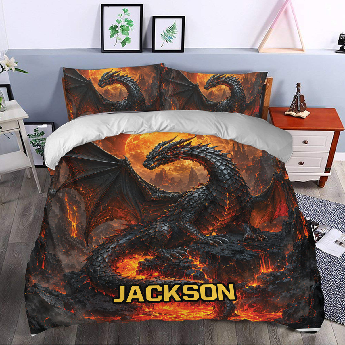 Dragon duvet cover bedding set styled in a bedroom with fiery fantasy artwork and volcanic scenery