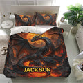 Dragon bedding set displayed in a bright bedroom with black dragons, lava, and glowing orange artwork