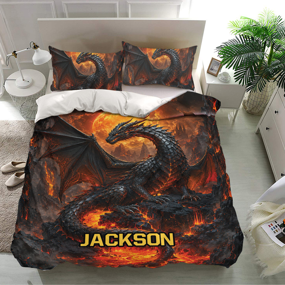 Dragon bedding set displayed in a bright bedroom with black dragons, lava, and glowing orange artwork