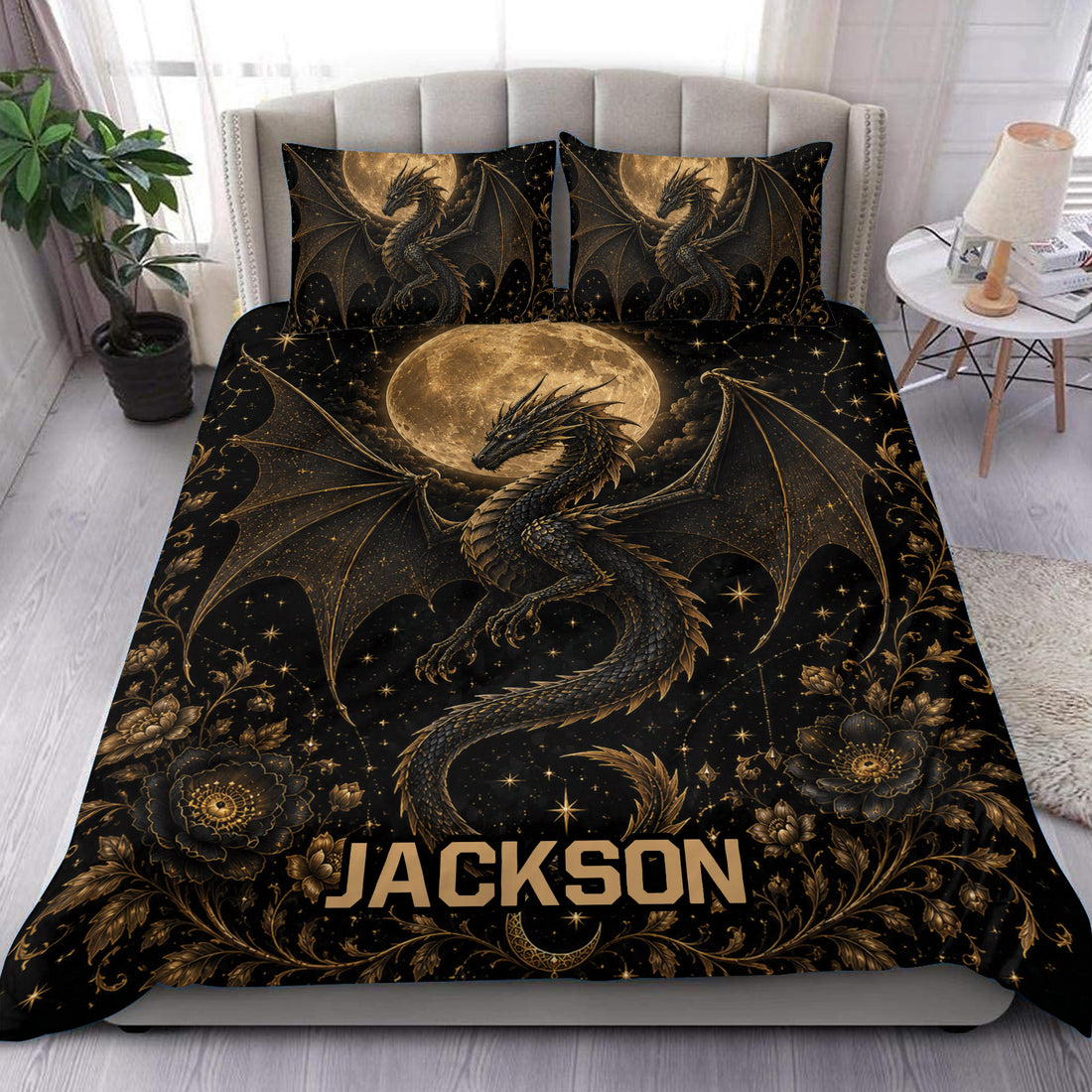 Black and gold dragon duvet cover set styled on a bedroom with moon, stars, flowers, and matching pillowcases