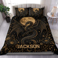 Black and gold dragon duvet cover set styled on a bedroom with moon, stars, flowers, and matching pillowcases