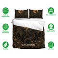 Dragon duvet cover bedding set displayed with matching pillowcases in a black and gold celestial design